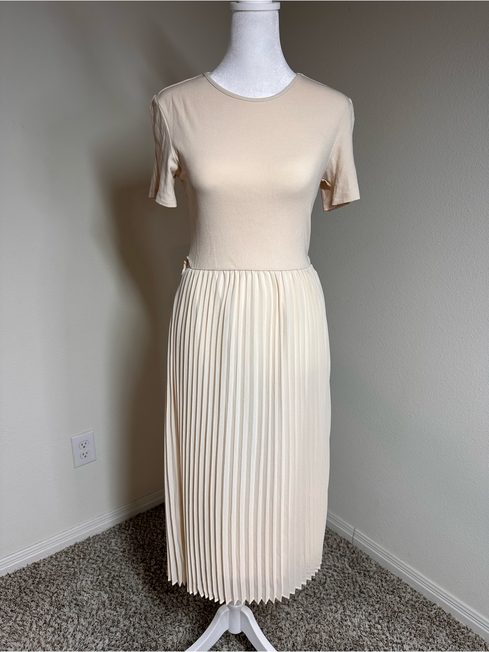 Pleated Cream Midi Dress